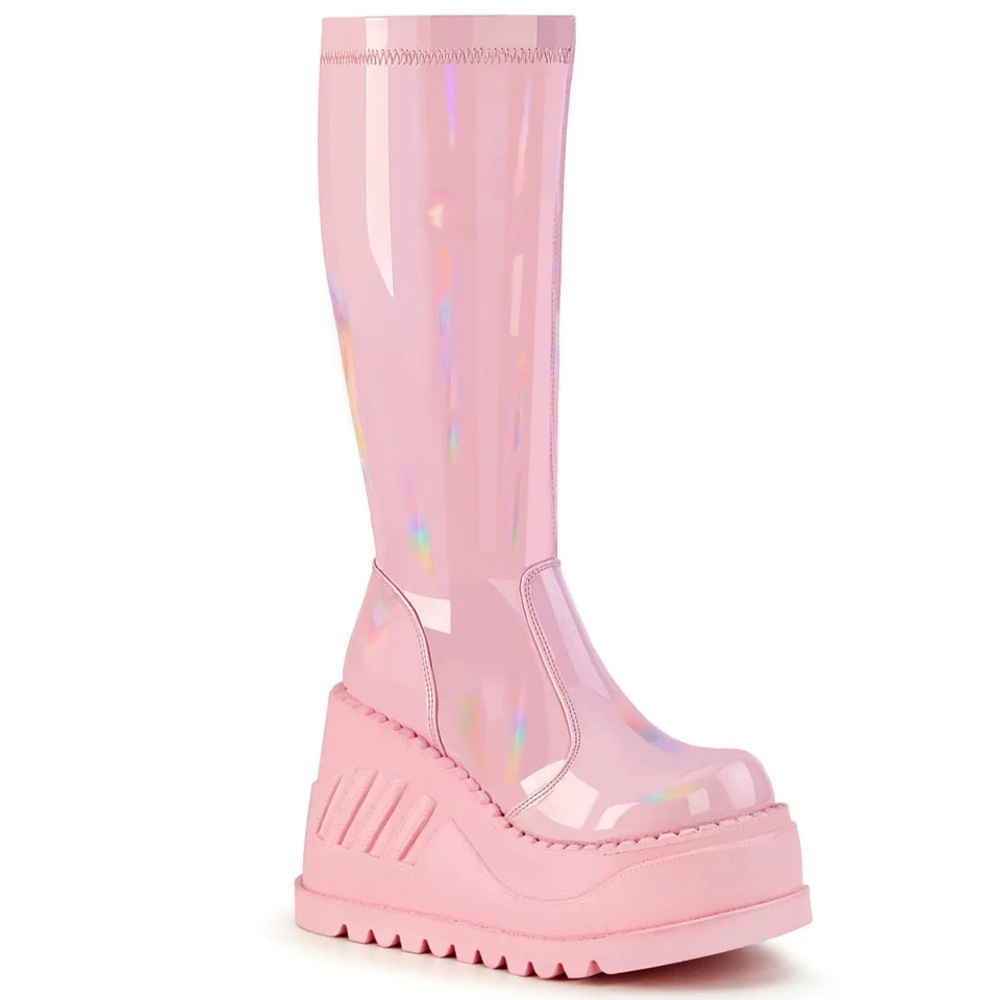 NEW IN BOX Demonia holographic pink stomp 200 go go platform boots